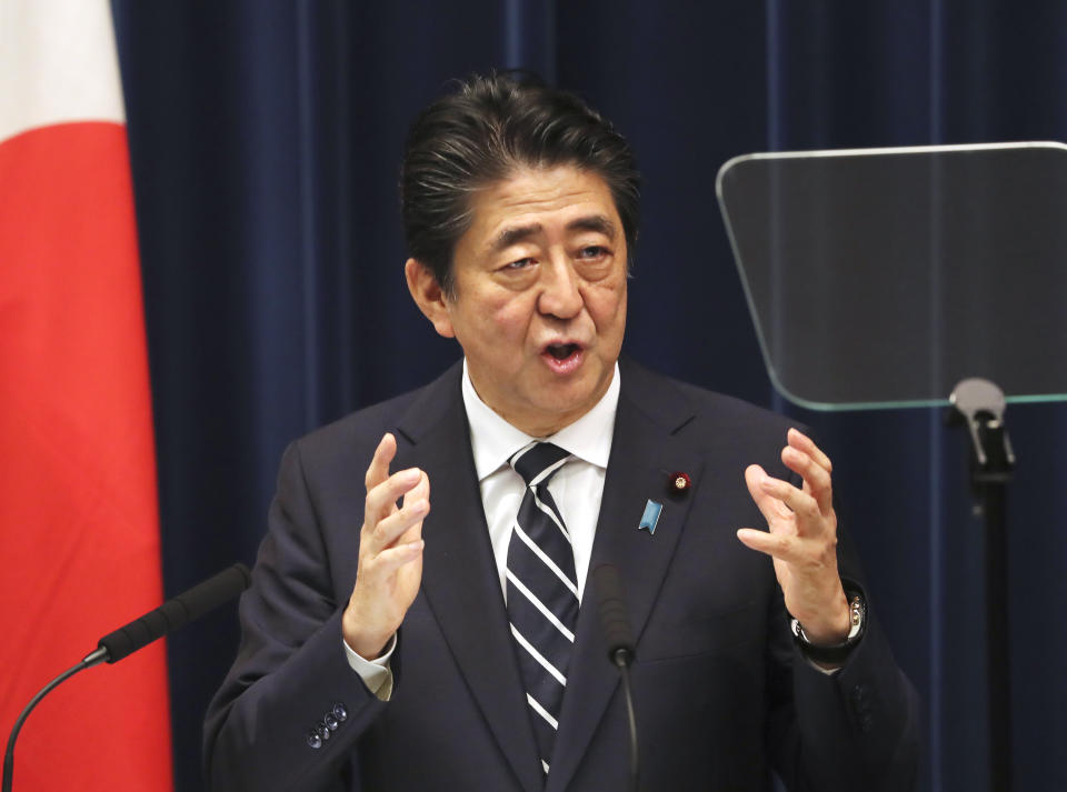 Japanese Prime Minister Shinzo Abe speaks during a press conference at Abe's official residence in Tokyo, Wednesday, June 26, 2019. Abe has pledged to seek a consensus on free trade and other contentious issues at this week's summit of the Group of 20 countries in Osaka. (AP Photo/Koji Sasahara)