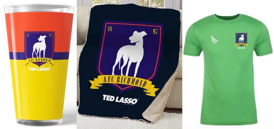 A pint glass, blanket, and green t-shirt for AFC Richmond from Ted Lasso