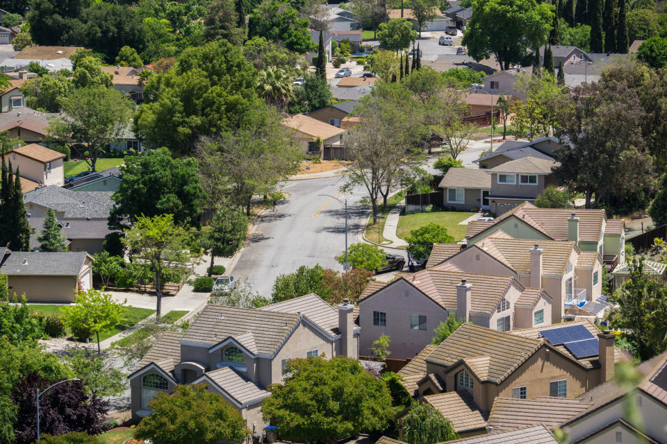 Aerial view of residential neighborhood in San Jose, south San Francisco bay, California