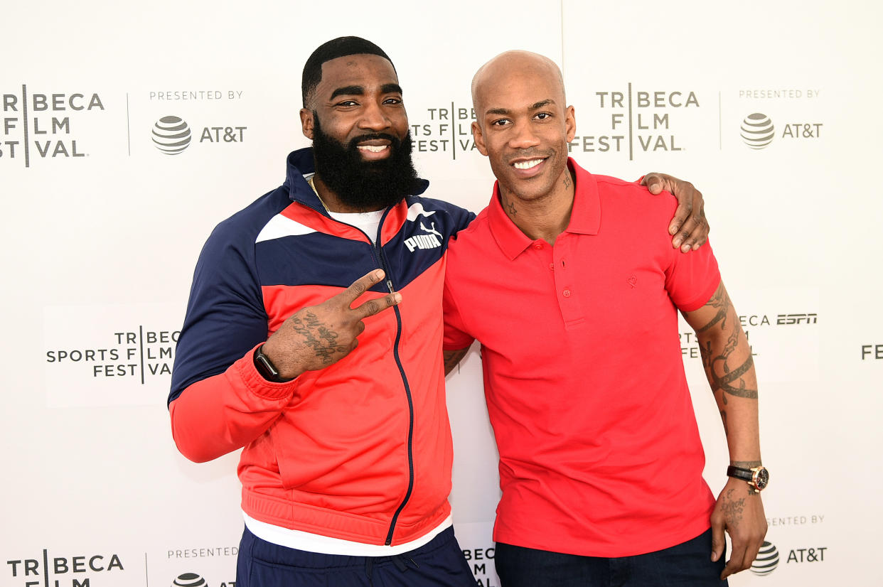 NEW YORK, NEW YORK - APRIL 27: God Shammgod and Stephon Marbury attend the 