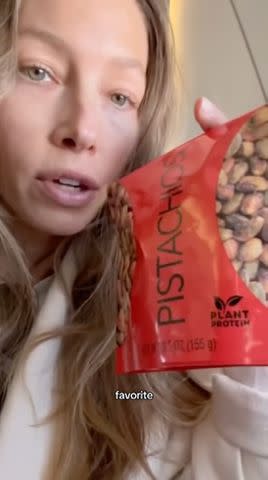 <p>Jessica Biel/TikTok</p> Jessica Biel showed off her favorite snacks she packed with her for the plane in a video posted to TikTok on Wednesday.