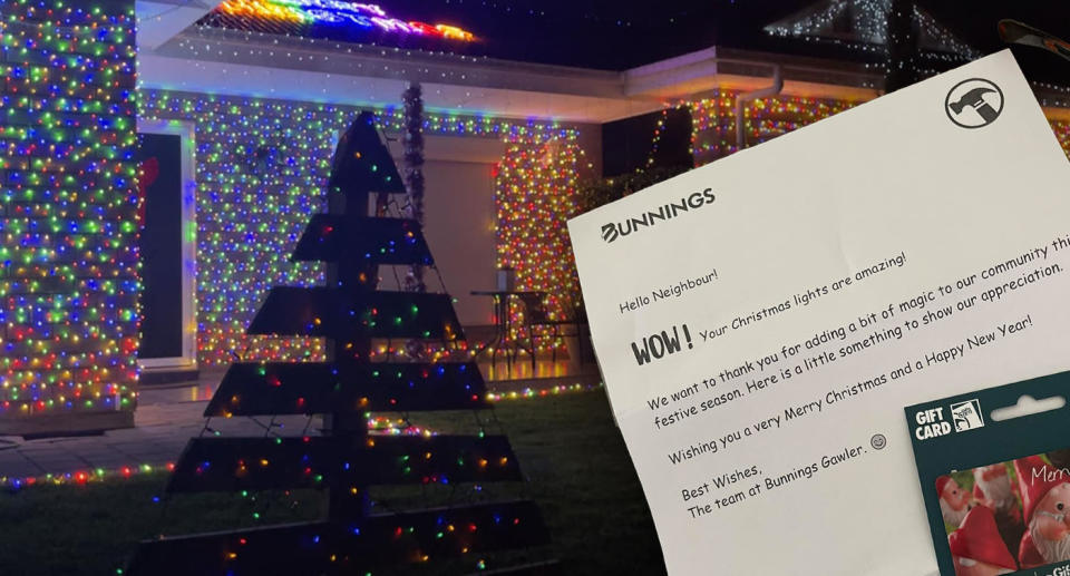 Christmas lights on home with letter and gift card from Bunnings