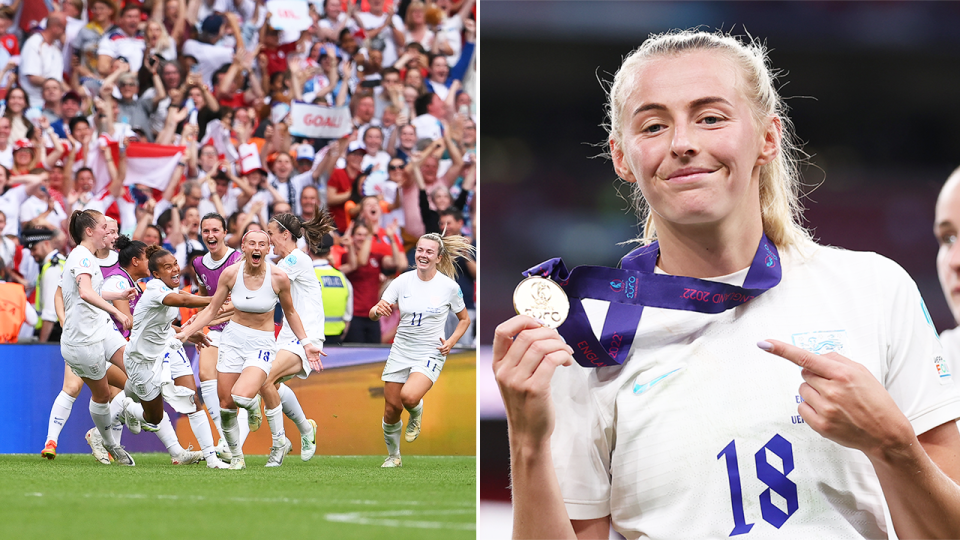 Chloe Kelly (pictured left) celebrates scoring the winning Euro 2022 final goal for England and (pictured right) Kelly with her winning medal.