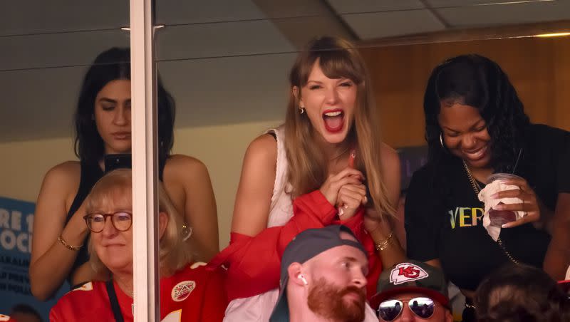 Taylor Swift, center, attended the Kansas City Chiefs game against the Chicago Bears with Travis Kelce’s mother, Donna Kelce, at lower left, on  Sunday, Sept. 24, 2023 in Kansas City, Mo.