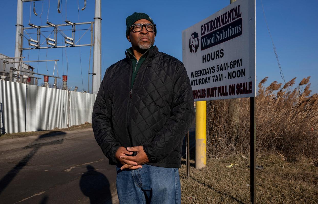 Darryl Morgan, 57, stands outside the Environmental Wood Solutions facility in Detroit on Tuesday, Feb. 20, 2024. Morgan is one of the plaintiffs in a race discrimination lawsuit against the Lake Orion-based trucking company Environmental Wood Solutions. He worked as a heavy haul truck driver at Environmental Wood Solutions for over a year.