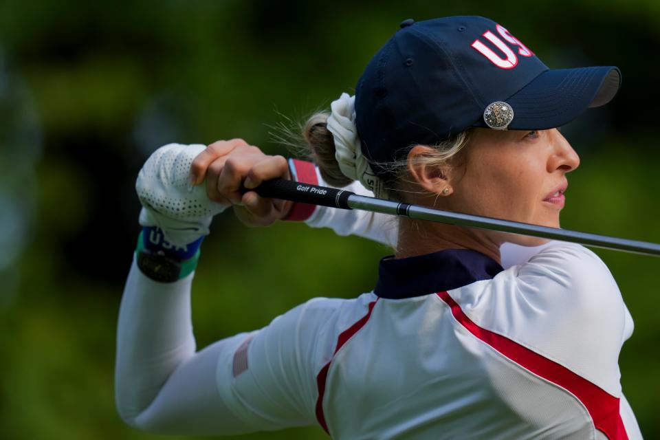 Nelly Korda of Team USA plays her shot from the third tee during single matches against Team Europe during the Solheim Cup 2024 at Robert Trent Jones Golf Club. Mandatory Credit: Aaron Doster-Imagn Images