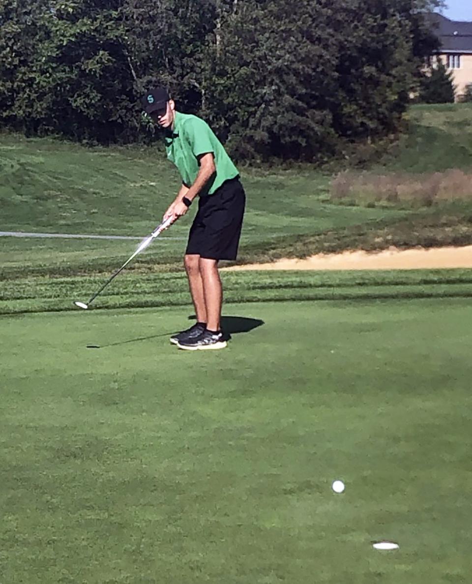 South Hagerstown's Cody Booth made a 20-foot par putt on the eighth green, which was the first hole of a playoff for the final state tournament qualifying spot in Class 4A-3A, during the Maryland District 1 golf tournament Monday afternoon at Black Rock in Hagerstown.