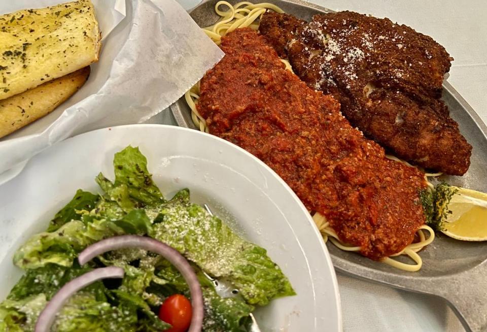 Mancuso’s serves an “Italian fish fry” catfish with pasta, salad and garlic bread.