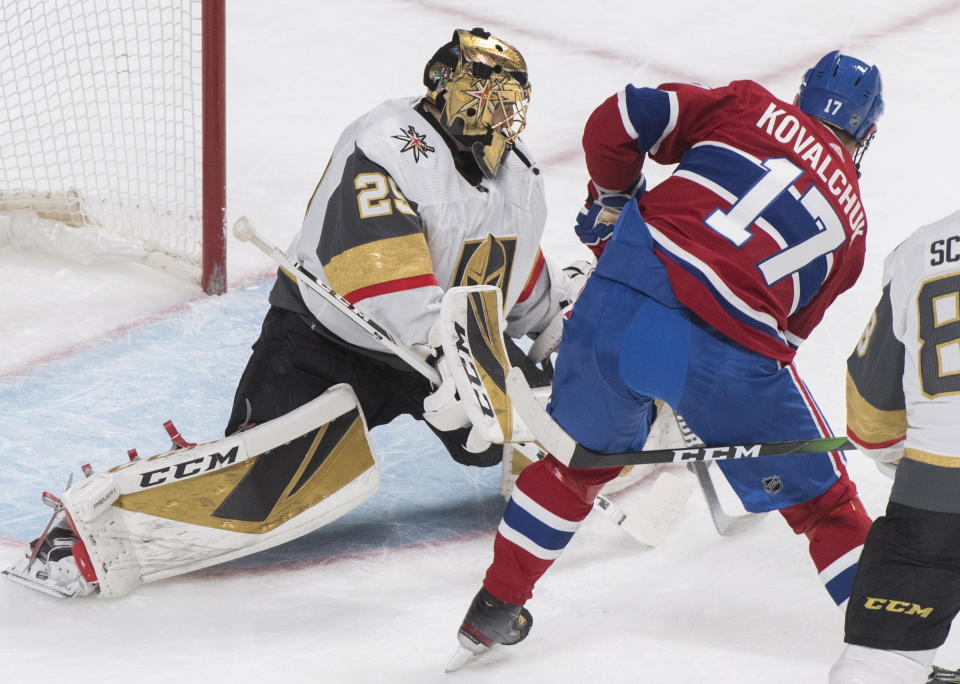 Montreal Canadiens' Ilya Kovalchuk (17) moves in to score against Vegas Golden Knights goaltender Marc-Andre Fleury during first-period NHL hockey game action in Montreal, Saturday, Jan. 18, 2020. (Graham Hughes/The Canadian Press via AP)