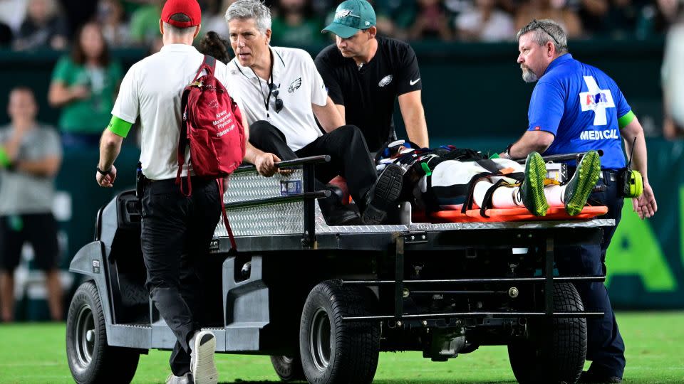 Philadelphia Eagles wide receiver Tyrie Cleveland is brought off the field after an injury during the second half of the NFL preseason football game. - Derik Hamilton/AP