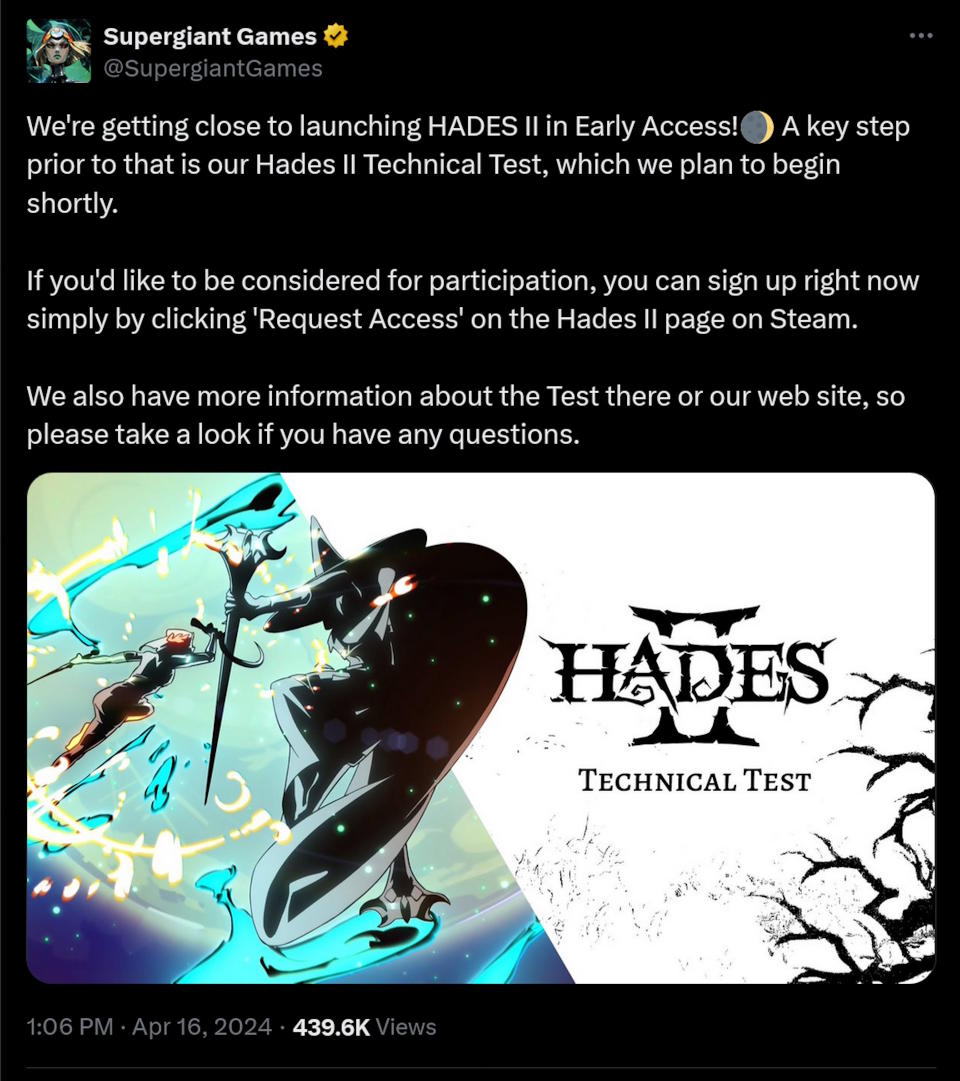 We're getting close to launching HADES II in Early Access!�� A key step prior to that is our Hades II Technical Test, which we plan to begin shortly.  If you'd like to be considered for participation, you can sign up right now simply by clicking 'Request Access' on the Hades II page on Steam.  We also have more information about the Test there or our web site, so please take a look if you have any questions.