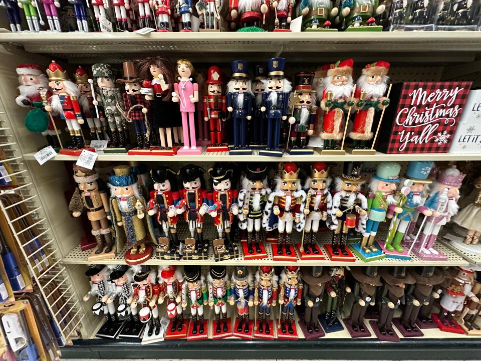 Multiple rows of nutcrackers on shelves at Hobby Lobby