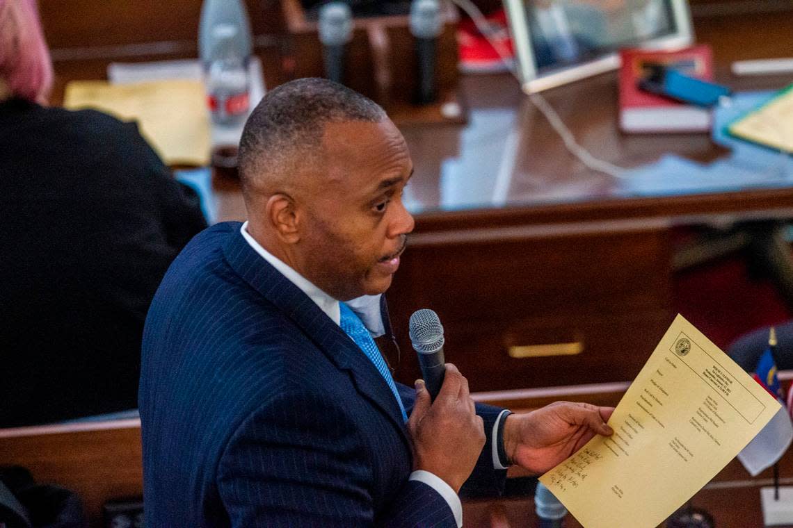 Democratic leader Rep. Robert Reives speaks on the House floor Wednesday Jan. 13, 2021 at the North Carolina General Assembly.