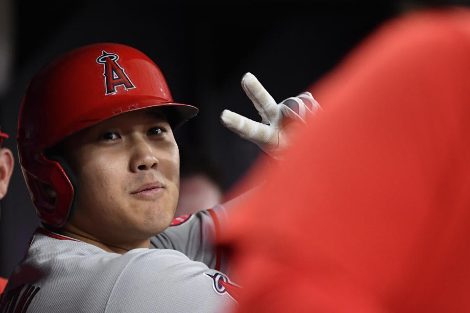 ST PETERSBURG, FLORIDA - JUNE 25: Shohei Ohtani #17 of the Los Angeles Angels reacts after hitting a solo home run during the first inning against the Tampa Bay Rays at Tropicana Field on June 25, 2021 in St Petersburg, Florida. (Photo by Douglas P. DeFelice/Getty Images)