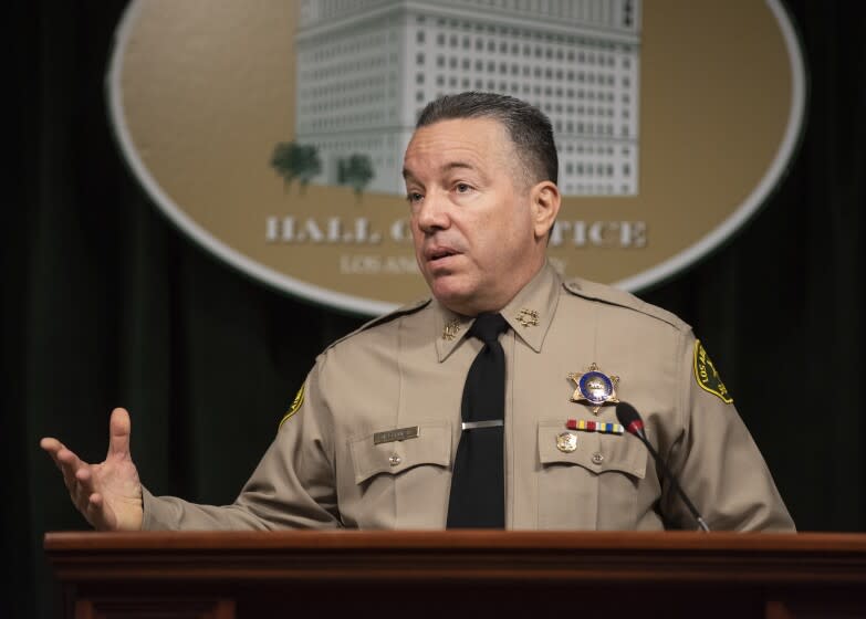 Los Angeles County Sheriff Alex Villanueva briefs the media about the latest safety precautions the department is taking regarding COVID-19 at the Hall of Justice in Los Angeles on Monday, March 16, 2020. ( Photo by Nick Agro / For The Times)