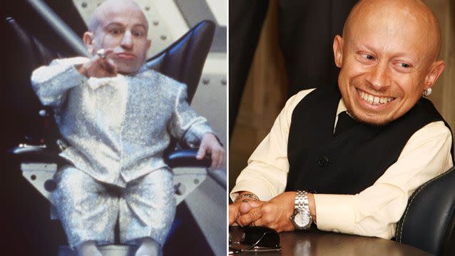 Verne Troyer as Mini Me in Austin Powers 2 (left) and the actor at Supanova Pop Culture Expo in Sydney in 2012. Source: AAP