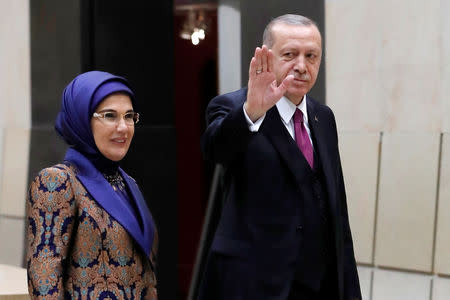 Turkey's President Tayyip Erdogan with his wive Emine Erdogan arrive at the official dinner at the Orsay Museum, as part of the commemoration ceremony for Armistice Day, 100 years after the end of the First World War, in Paris, France, November 10, 2018. Ian Langsdon/Pool via REUTERS