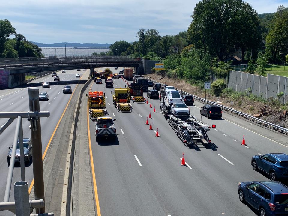 A crash on the southbound Thruway approaching the Gov. Mario M. Cuomo Bridge is causing traffic backups Thursday morning, August 31, 2023.
