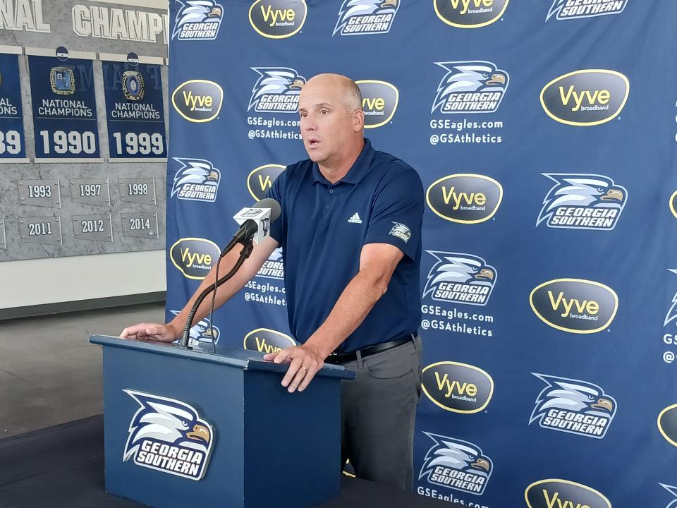 Georgia Southern head coach Clay Helton talks about the win over Ball State and the upcoming game at Coastal Carolina during the weekly press conference Monday, Sept. 26, 2022 on campus in Statesboro.