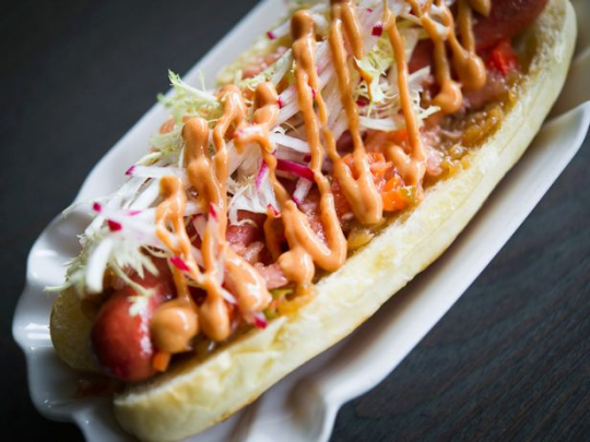 Ultimate Gourmet Hot Dog: Mustard Aioli, Pickled Onions