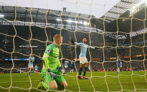 Gabriel Jesus of Manchester City celebrates after scoring his team's second goal past Jordan Pickford of Everton during the Premier League match between Manchester City and Everton FC at Etihad Stadium on December 15, 2018 in Manchester, United Kingdom - Credit: Getty Images