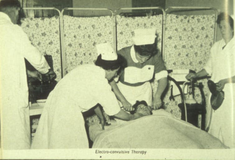 <span class="caption">ECT being performed in at Winwick Hospital, 1957.</span> <span class="attribution"><a class="link " href="https://ccsearch.creativecommons.org/photos/f8648128-2d18-46e2-ac10-5a20be4b7402" rel="nofollow noopener" target="_blank" data-ylk="slk:University of Liverpool Faculty of Health & Life Sciences;elm:context_link;itc:0;sec:content-canvas">University of Liverpool Faculty of Health & Life Sciences</a>, <a class="link " href="http://creativecommons.org/licenses/by-sa/4.0/" rel="nofollow noopener" target="_blank" data-ylk="slk:CC BY-SA;elm:context_link;itc:0;sec:content-canvas">CC BY-SA</a></span>