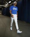 <p>Russell Westbrook wears a pair of Jordan 6s and a blue Crenshaw shirt in tribute to late rapper Nipsey Hussle on arrival at the Chesapeake Energy Arena prior to the Thunder, Lakers game on April 2. </p>