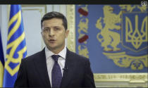 In this UNTV image, Volodymyr Zelenskyy, President of Ukraine, speaks in a pre-recorded video message during the 75th session of the United Nations General Assembly, Wednesday, Sept. 23, 2020, at UN headquarters in New York. The U.N.'s first virtual meeting of world leaders started Tuesday with pre-recorded speeches from heads-of-state, kept at home by the coronavirus pandemic. (UNTV via AP)