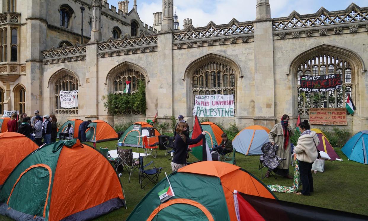 <span>Students at an encampment on the grounds of the University of Cambridge on Tuesday.</span><span>Photograph: Joe Giddens/PA</span>
