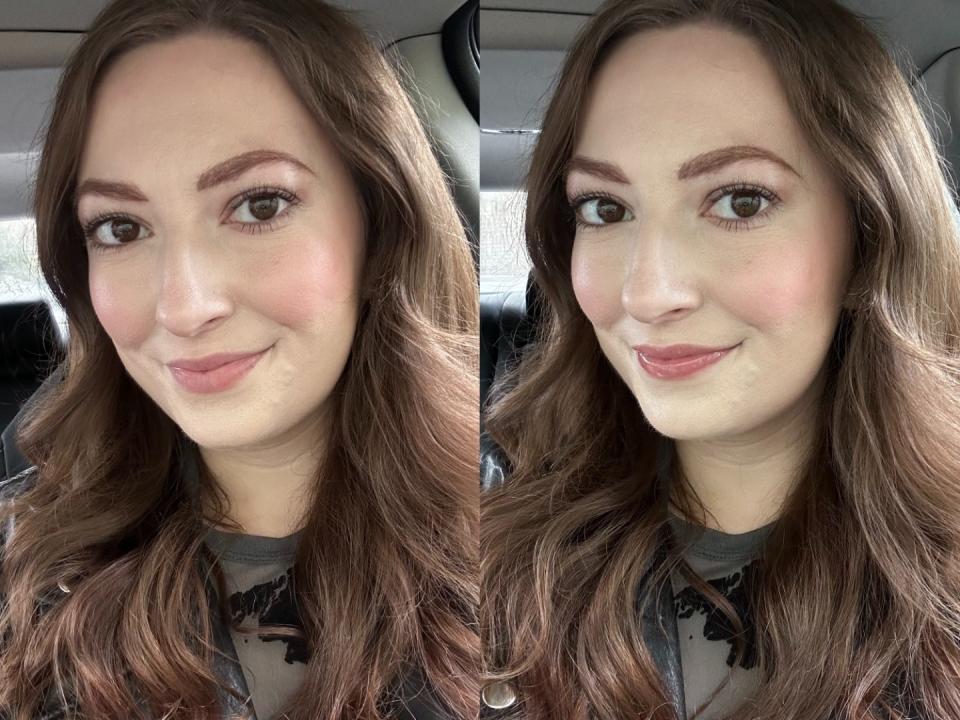 Amanda Krause without Elf lip oil (left) and while wearing it (right).