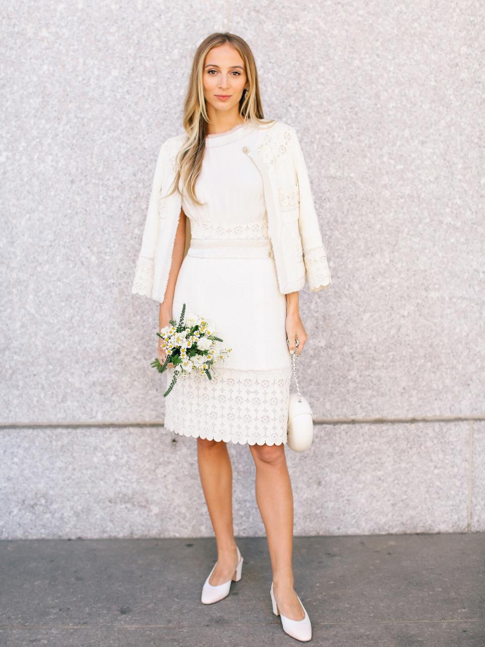 On Friday, we went to City Hall to collect the paperwork to make it official. On a trip to Miami earlier this year, I walked into a vintage store and asked, “Do you have anything bridal?” They pointed to a mannequin behind me, and it was wearing this vintage floral-beaded Chanel suit. I fell in love, and it was meant to be.