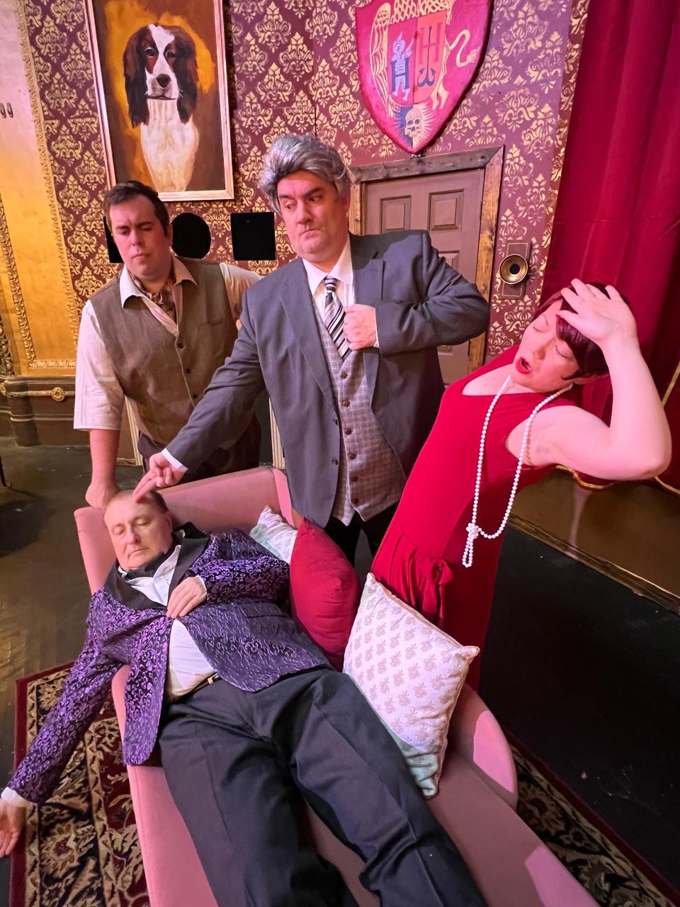 Center Theatre Players look for laughs with a new show. In this scene, Max Levine (Robert Grove Thomas Colleymore), Ted Froats (Dennis Tyde Perkin) and Jenn Rian (Sandra Wilkinson  Florence Colleymore) have just found the murder victim, played by John Zuemi.