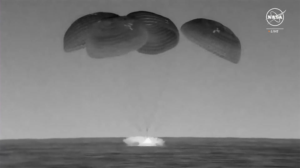 The capsule carrying commander Jasmin Moghbeli, European Space Agency astronaut Andreas Mogensen, Japanese flier Satoshi Furukawa and cosmonaut Konstantin Borisov splashes down in the Gulf of Mexico south of Pensacola, Fla., closing out a 199-day mission. / Credit: NASA / SpaceX