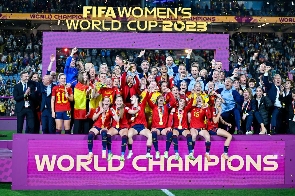Spain players pose for a picture after winning the Women’s World Cup,