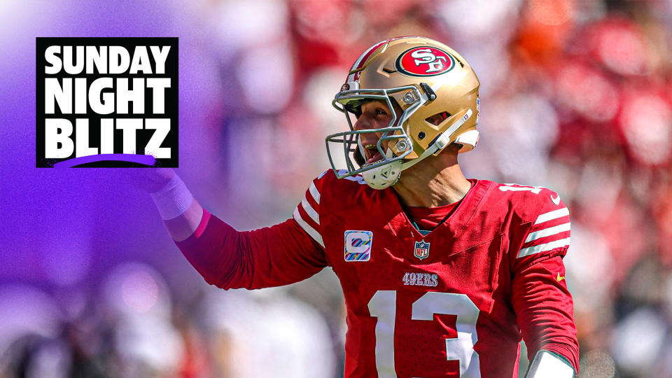 Oct 1, 2023; Santa Clara, California, USA; San Francisco 49ers quarterback Brock Purdy (13) celebrates after a touchdown during the second quarter against the Arizona Cardinals at Levi's Stadium. Mandatory Credit: Sergio Estrada-USA TODAY Sports