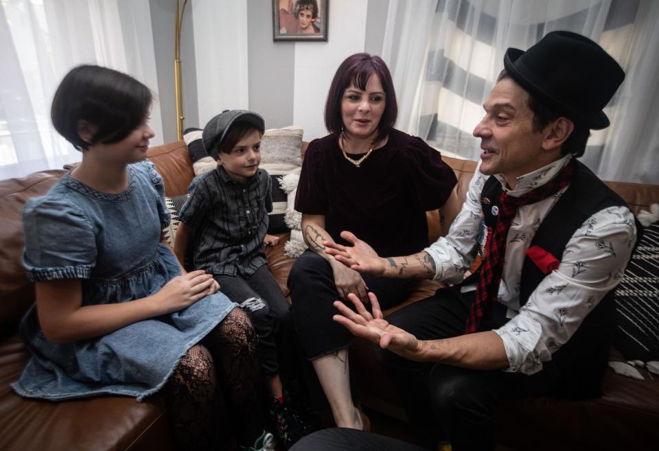 Mario Marchese will be making his off-Broadway debut when he brings his show ÒMario the Maker MagicianÓ to the Soho Playhouse in November. Mario, photographed with his wife Katie, and children Gigi, 12, and Bear, 9, at their home in Nyack Oct. 31, 2023, has created a show that is a combination of Òvaudeville and magic, cardboard and robots, science and innovation.Ó