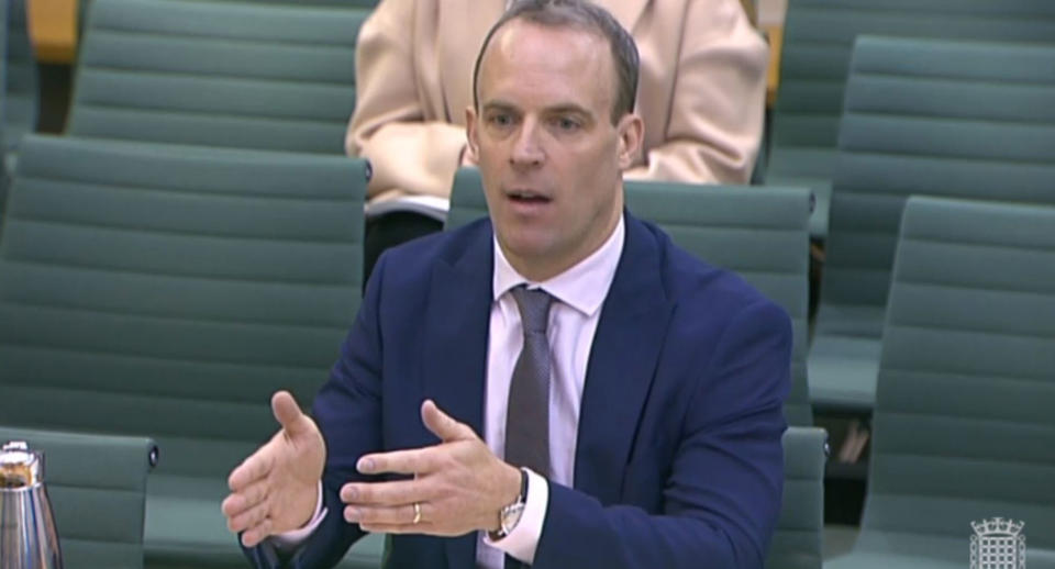 Dominic Raab gives evidence about the Brexit backstop to the Northern Ireland Affairs Committee, in Portcullis House, London.