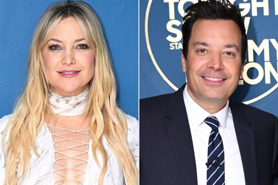 <p>Todd Owyoung/NBC via Getty (2) </p> Kate Hudson and Jimmy Fallon
