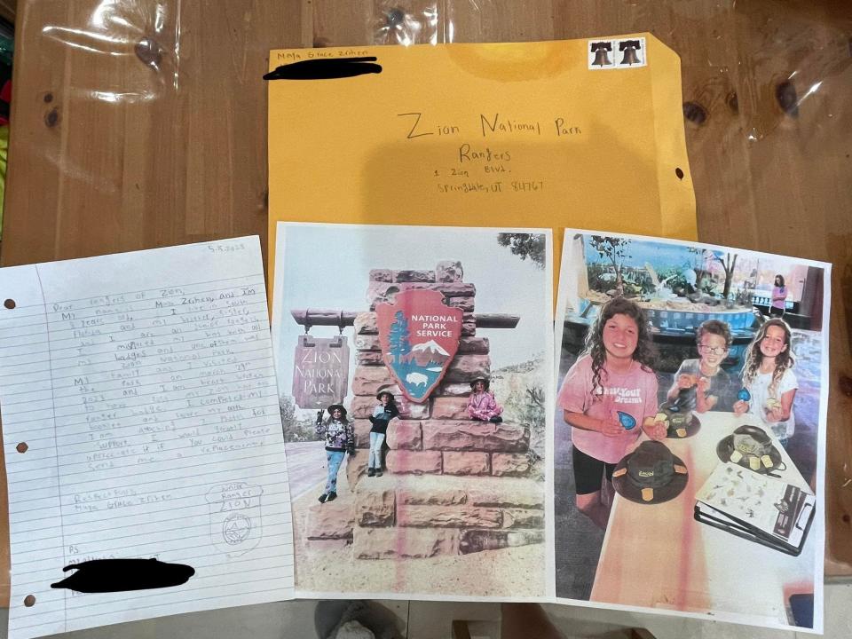 Maya Zrihen sent photos as proof that she had completed the Junior Ranger activities at Zion National Park.