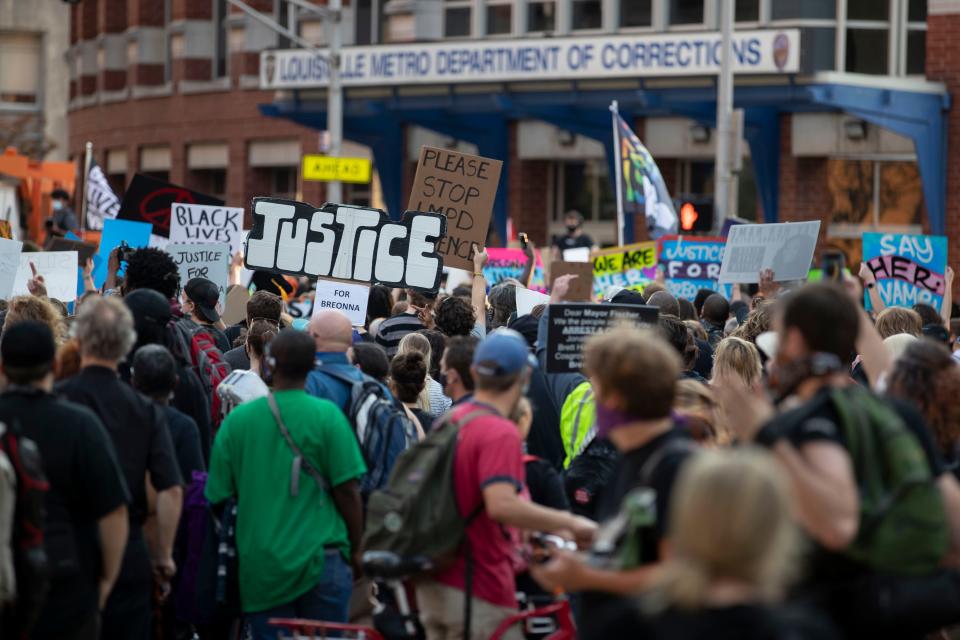 Protesters set out on a march from Jefferson Square Park on Saturday, Sept. 26, 2020, in downtown Louisville.
