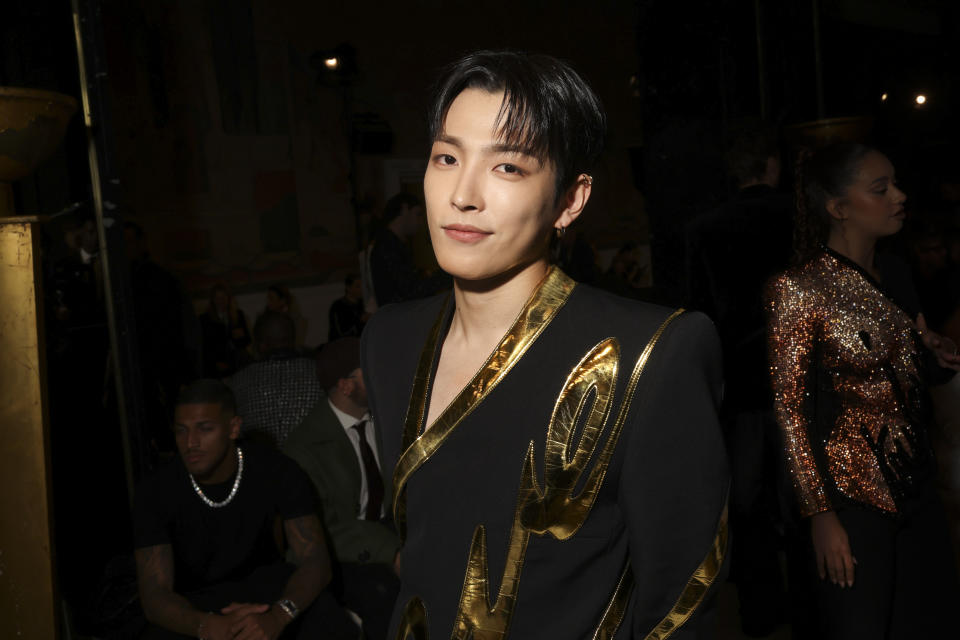 Hongjoong attends the Balmain Spring/Summer 2025 collection presented Wednesday, Sept. 25, 2024, in Paris. (Photo by Vianney Le Caer/Invision/AP)