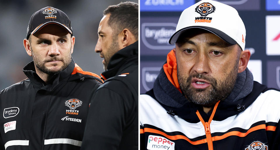 Pictured left to right, Robbie Farah and Wests Tigers coach Benji Marshall.