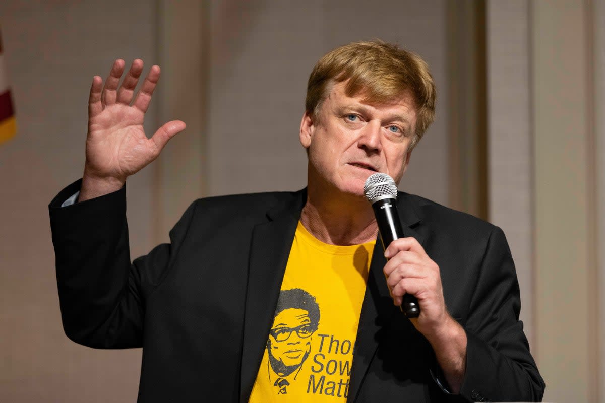 Patrick Byrne speaks during a panel discussion at the Nebraska Election Integrity Forum on 27 August, 2022 (Associated Press)