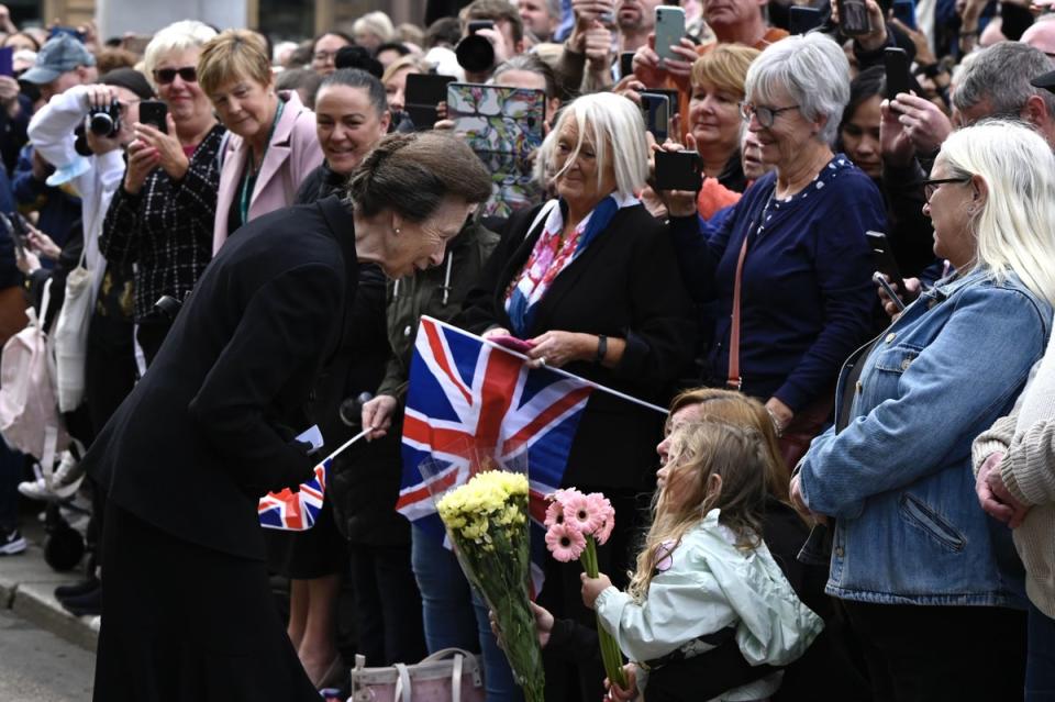 The Princess Royal talks to Holly McBride, four, from Glasgow (John Linton/PA) (PA Wire)