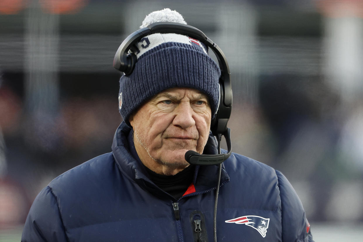 Bill Belichick hasn't won a playoff game since Tom Brady left for Tampa Bay. (Photo By Winslow Townson/Getty Images)