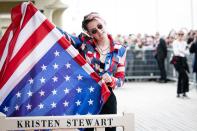 Kristen Stewart reveals the beach closet dedicated to her during the 45th Deauville American Film Festival in France on Friday.