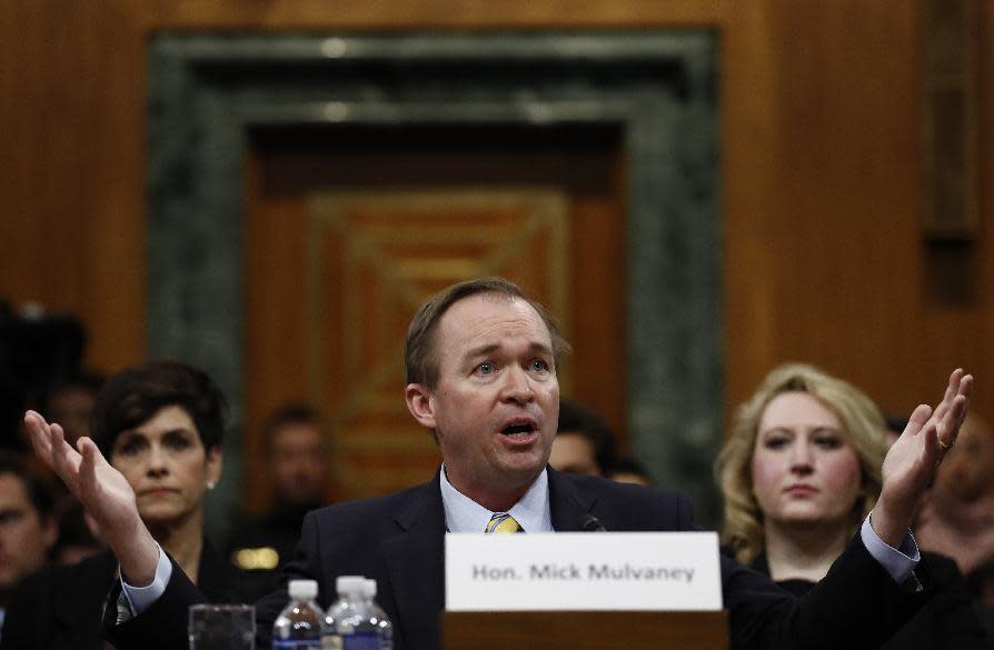 Budget Director-designate Rep. Mick Mulvaney, R-S.C., testifies on Capitol Hill in Washington, Tuesday, Jan. 24, 2017, at his confirmation hearing before the Senate Budget Committee. (AP Photo/Carolyn Kaster)