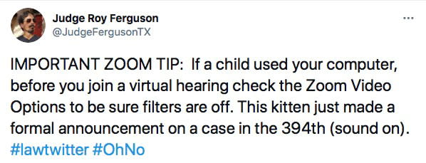 A tweet from judge Roy Ferguson in reaction to lawyer Rod Ponton appearing with a kitten filter turned on during a virtual hearing of the 394th District Court of Texas