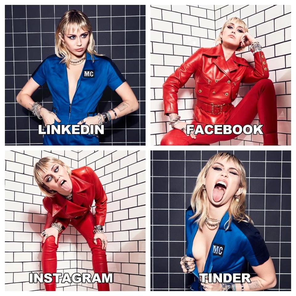 Miley Cyrus poses in four photos to show Facebook, LinkedIn, Instagram, and Tinder