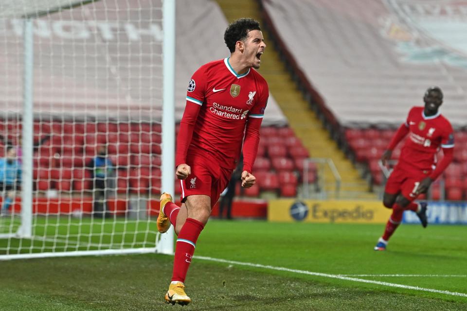 Curtis Jones celebrates scoring Liverpool’s winning goal against Ajax (AFP via Getty)